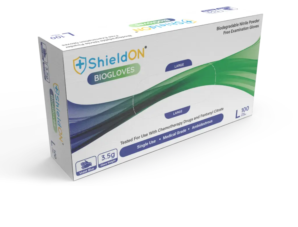ShieldON BioGloves biodegradable nitrile gloves box – 100 count, tested for use with chemotherapy drugs and fentanyl citrate, medical-grade, single-use, and ambidextrous.