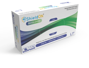 ShieldON BioGloves biodegradable nitrile gloves box – 100 count, tested for use with chemotherapy drugs and fentanyl citrate, medical-grade, single-use, and ambidextrous.