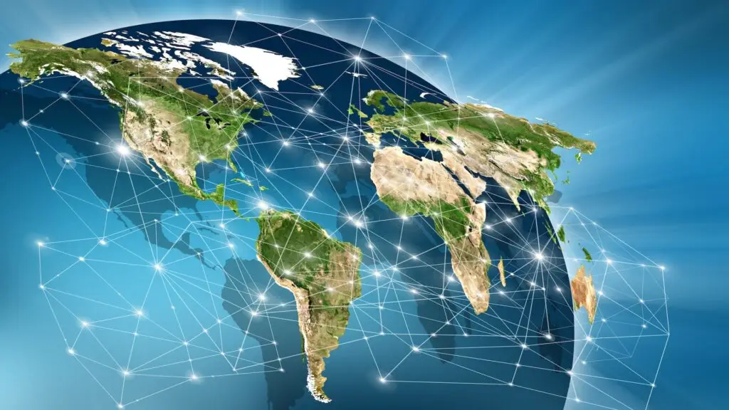 Digital world map with a connected network overlay, symbolizing global trade, international logistics, and supply chain connectivity.